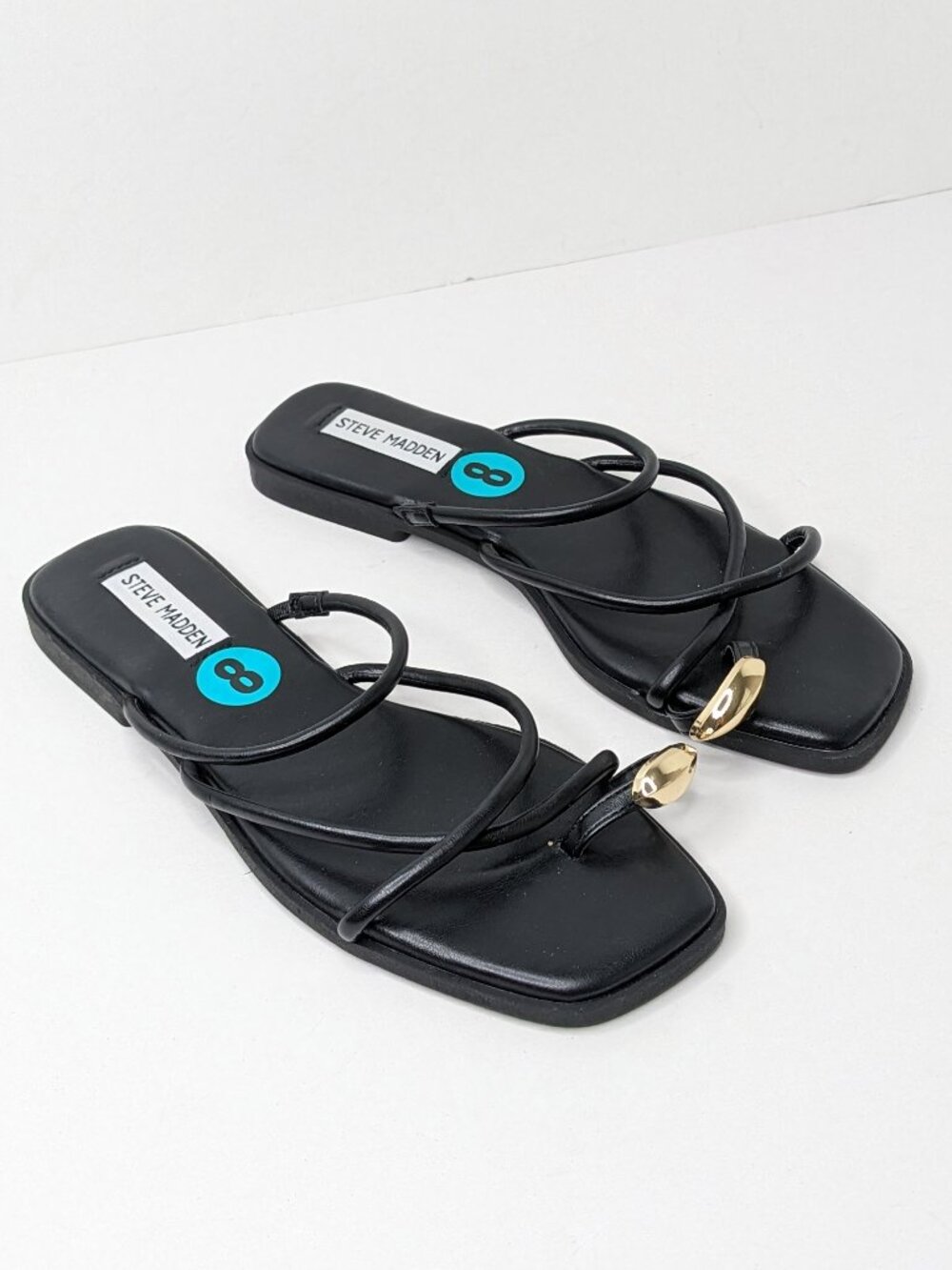 Steve Madden Black Strappy Toe-Ring Sandals with Gold Accent